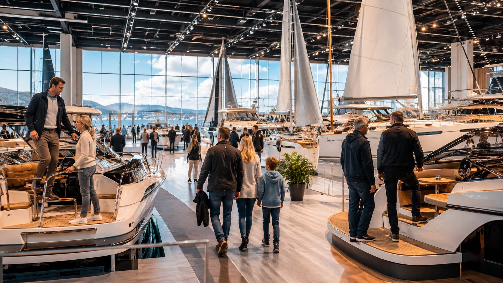 Besökare kliver ombord på motorbåtar inne på mässan