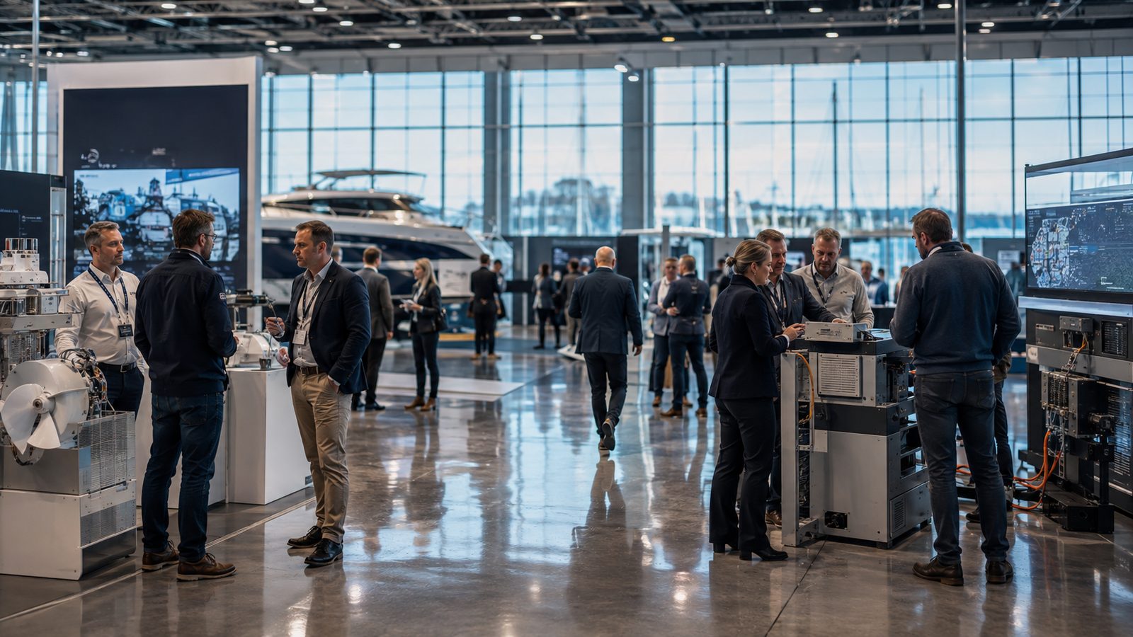 Branschbesökare bland teknikmontrar och båtar på Marine Business-golvet